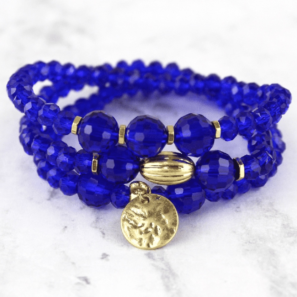 2 /$10- BLUE BEADED GOLDTONE CHARM BRACELET SET